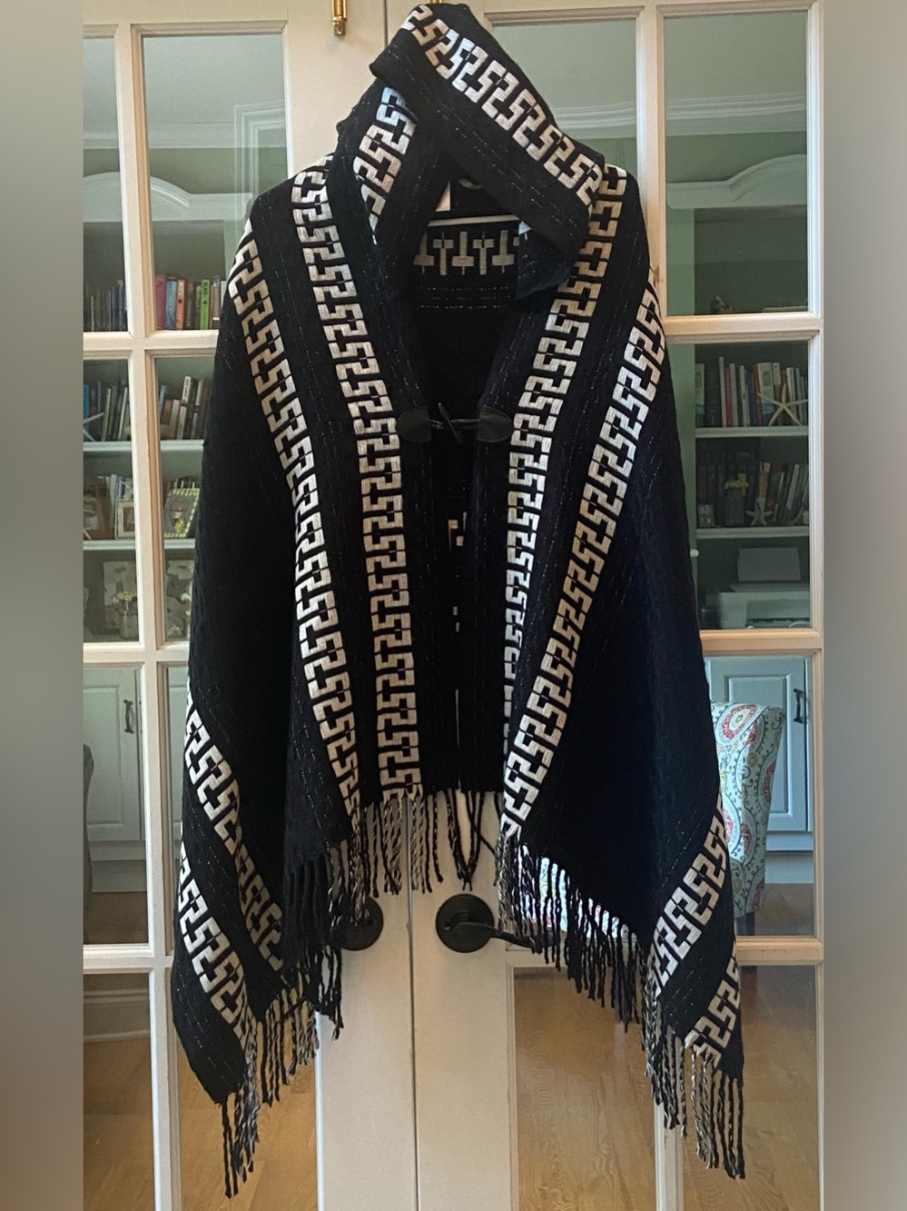 Free People Black & White Hooded Fringe Sweater Cape One Size